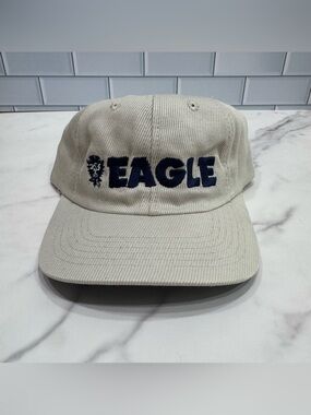 Vintage 90s Beige Corduroy Hat Embroidered EAGLE Lettering & Logo Adjustable